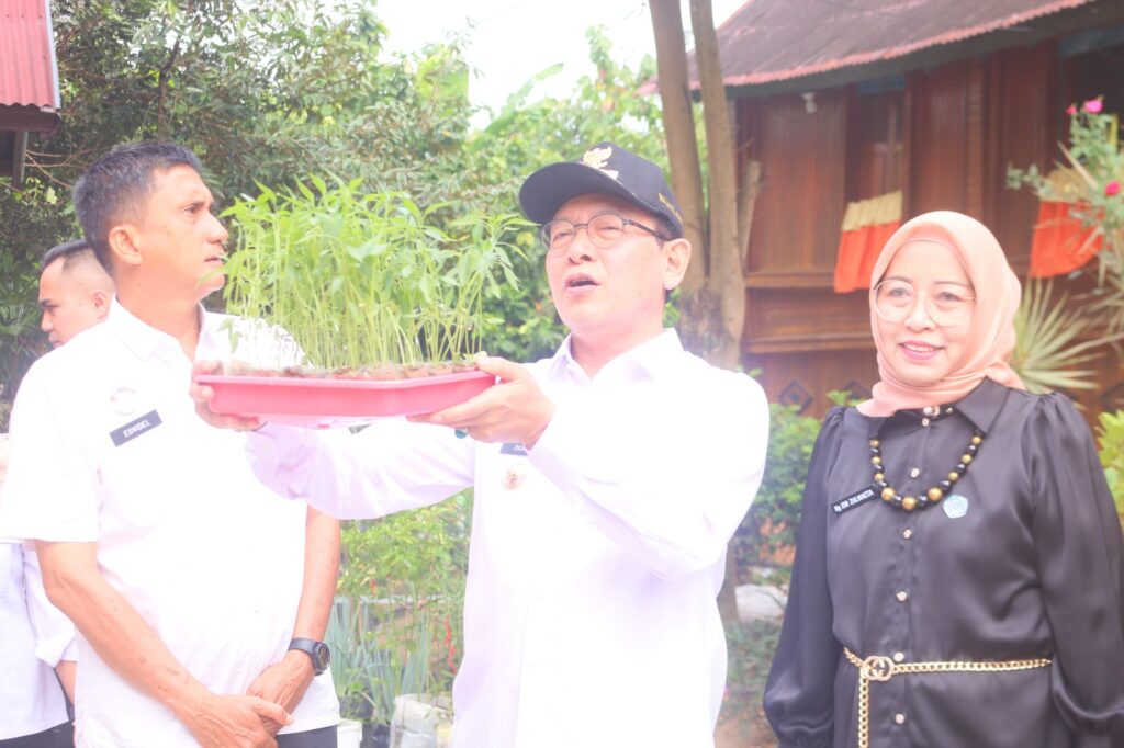 Wali Kota Payakumbuh Zulmaeta menyerahkan bibit tanaman kepada Kelompok Wanita Tani dalam rangka program ketahanan pangan.