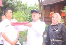 Wali Kota Payakumbuh Zulmaeta menyerahkan bibit tanaman kepada Kelompok Wanita Tani dalam rangka program ketahanan pangan.