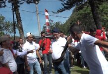 Wali Kota Payakumbuh Zulmaeta ikut lomba memindahkan sarung bersama ASN dalam perayaan HUT ke-80 RI di Bukik Sibaluik.