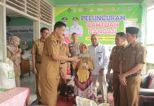 Asisten II Setda Payakumbuh Yasrizal menyerahkan bantuan pangan beras dan minyak goreng kepada seorang warga penerima manfaat pada peluncuran bantuan pangan CPP di Kelurahan Balai Jaring.